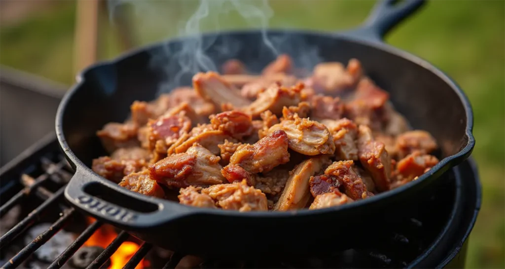 Pulled pork warming in a cast-iron skillet on a portable grill