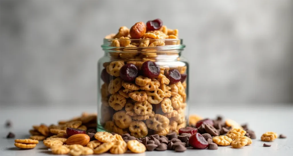 Portable cereal trail mix packed with nuts, dried fruit, and chocolate chips