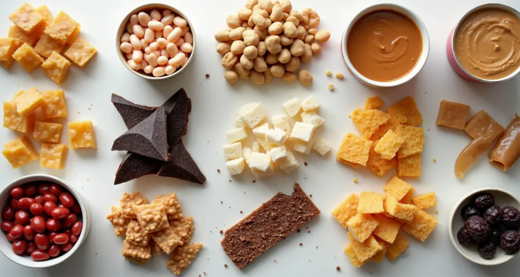 Flat lay of shelf-stable high-protein camping ingredients including canned beans, tuna, and nuts