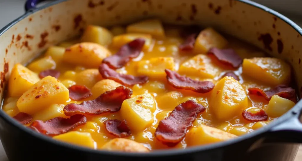 Easy Camping Meals : Cheesy potato and bacon casserole with a golden, bubbly top cooked in a Dutch oven