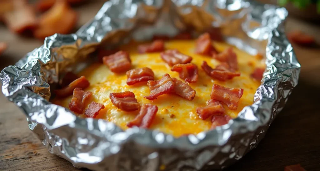 Foil packet filled with golden potatoes, bacon bits, and melted cheese