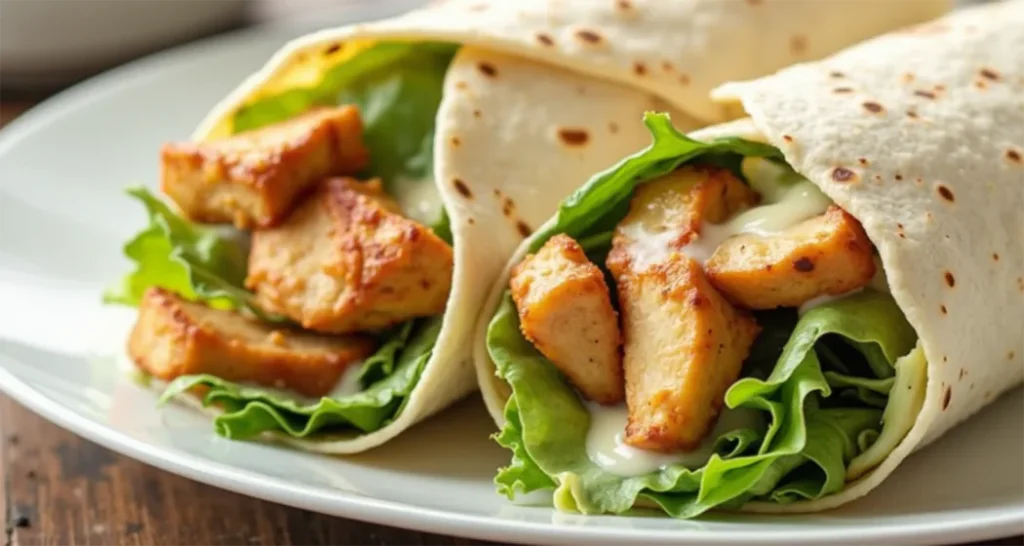 Chicken Caesar wrap topped with Parmesan cheese, wrapped and ready to eat