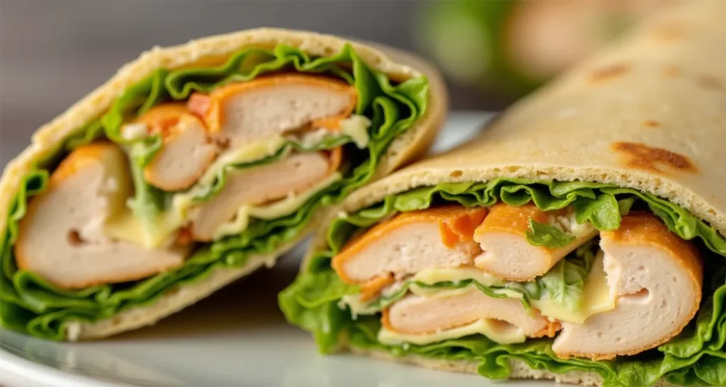 A close-up view of a Chicken Caesar Wrap filled with grilled chicken, romaine lettuce, and Parmesan cheese