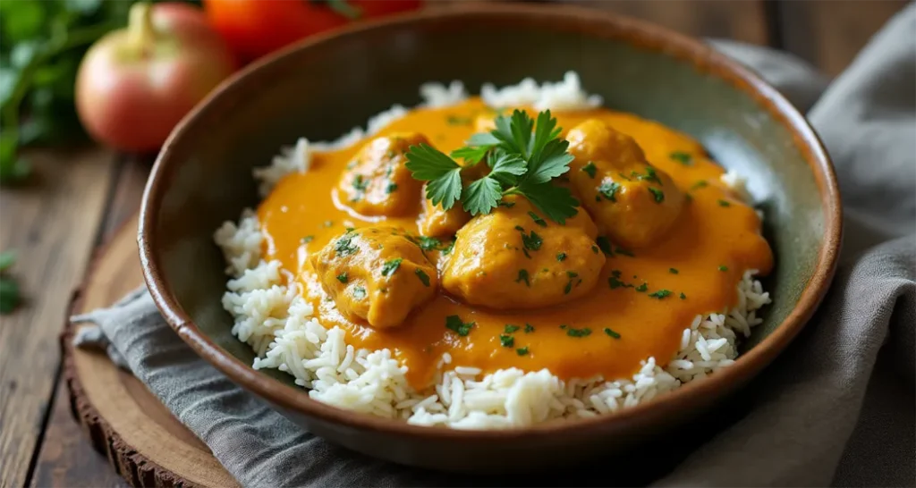 Chicken curry with tender pieces of chicken served over steamed rice