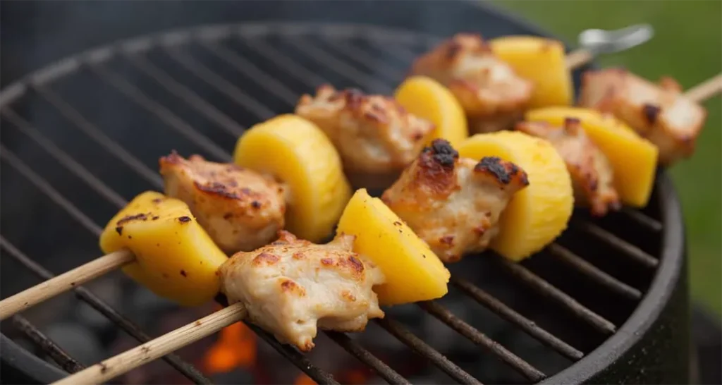 Chicken and pineapple skewers cooking on a campfire grill