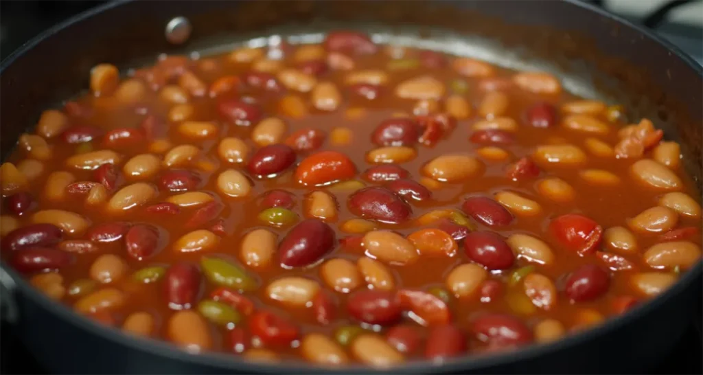 Chili simmering with beans and tomatoes over low heat