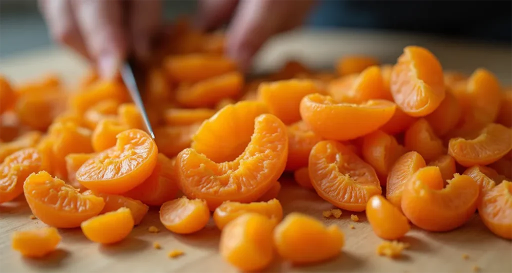 Dried apricots being sliced into bite-sized pieces