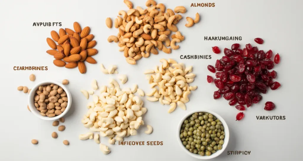 almonds, cashews, cranberries, and sunflower seeds