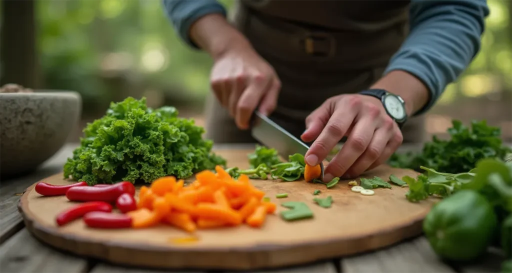 Sliced zucchini, bell peppers, and onions being chopped on a cutting board