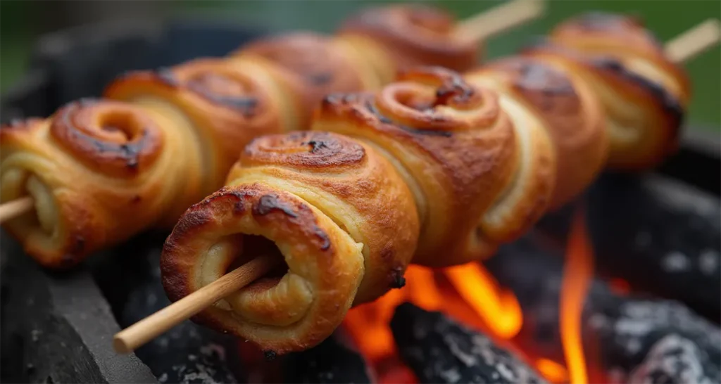 Cinnamon rolls roasting on skewers over a campfire, caramelized to perfection