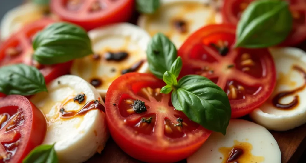 Classic Caprese salad with tomatoes, mozzarella, basil, and balsamic glaze