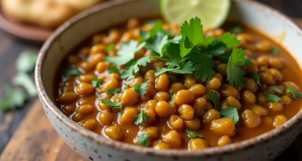 Camping Dinner Ideas :Creamy coconut curry lentils with lime wedges and naan bread on a rustic camping table