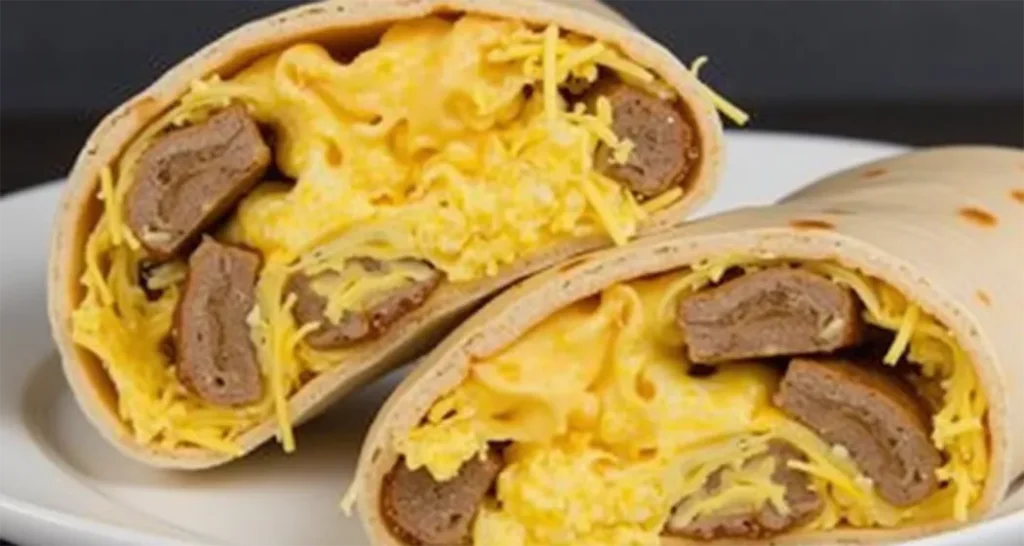 Cold breakfast burrito sliced open to show layers of scrambled eggs, sausage, and cheese.