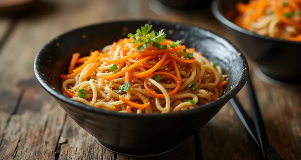 Cold ramen noodle salad with sesame dressing and fresh vegetables