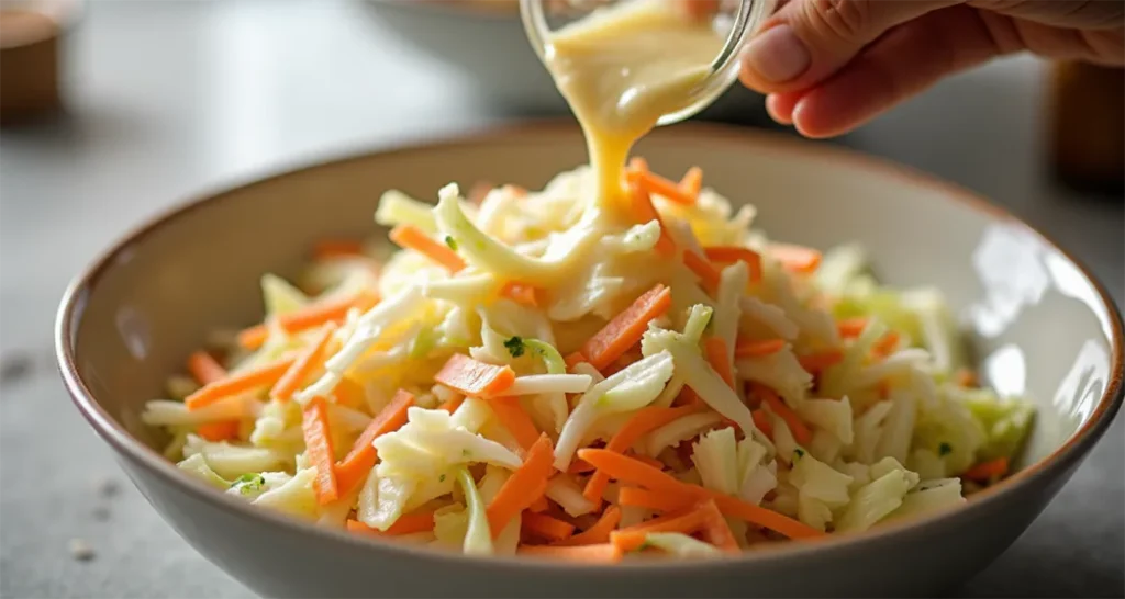 Homemade coleslaw with shredded cabbage and carrots being mixed with creamy dressing