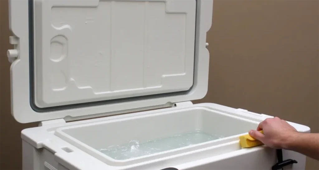 cleaning a camping cooler with soapy water