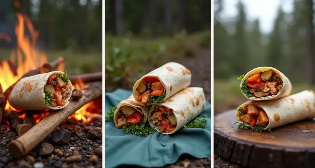 Collage of camping wraps being enjoyed by campers at various outdoor locations, including a campfire and hiking trail