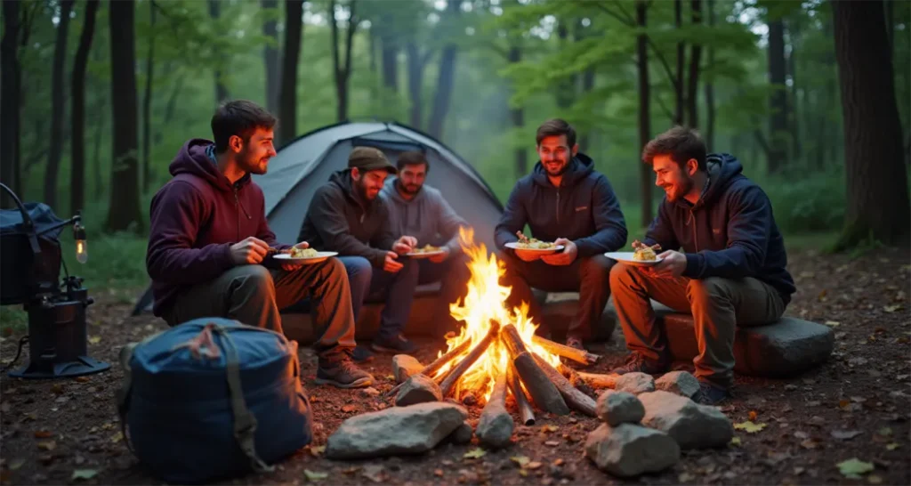 A group of campers enjoying a meal around a campfire with their organized supplies nearby