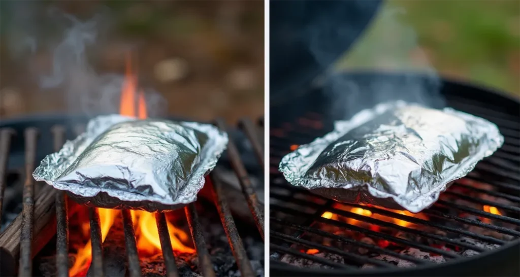 Foil packets cooking on a campfire grate and on a grill, with visible steam rising from the foil