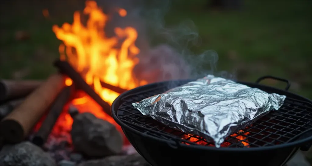 Foil packs cooking on a campfire grate