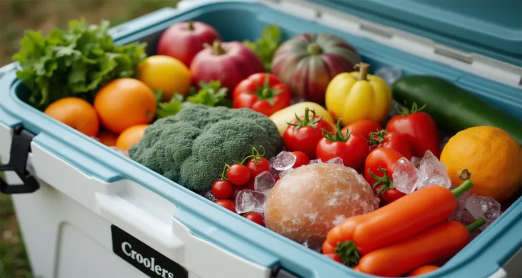 A visual of a stocked cooler with ice packs and ingredients.