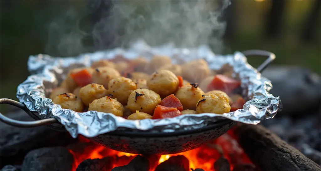 Foil packets with sausage and vegetables cooking over campfire coals