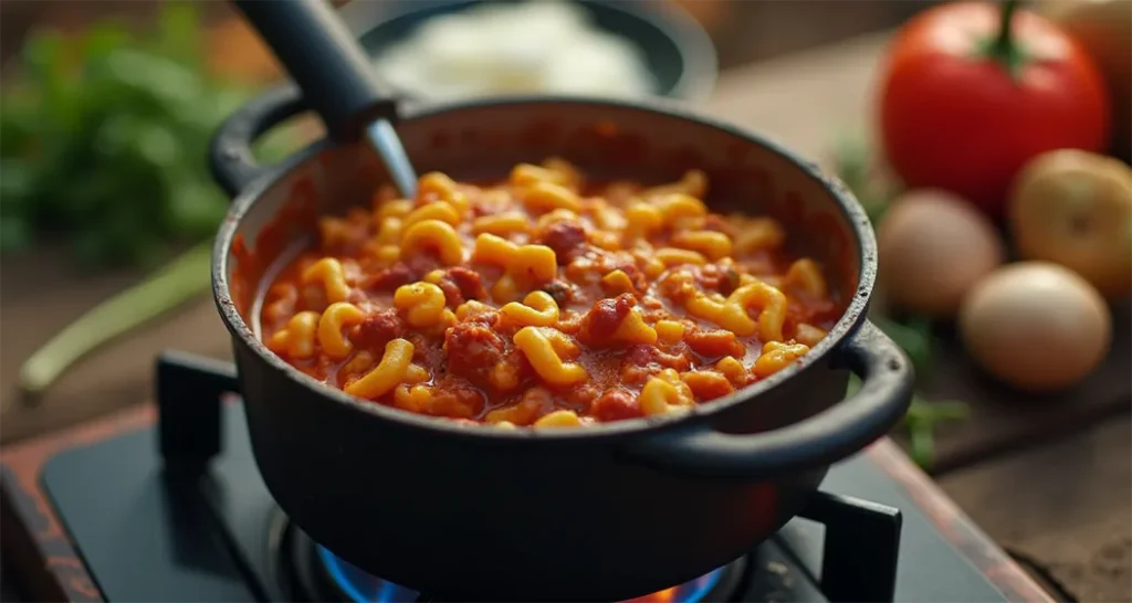 One-pot chili mac cooking on a portable camping stove