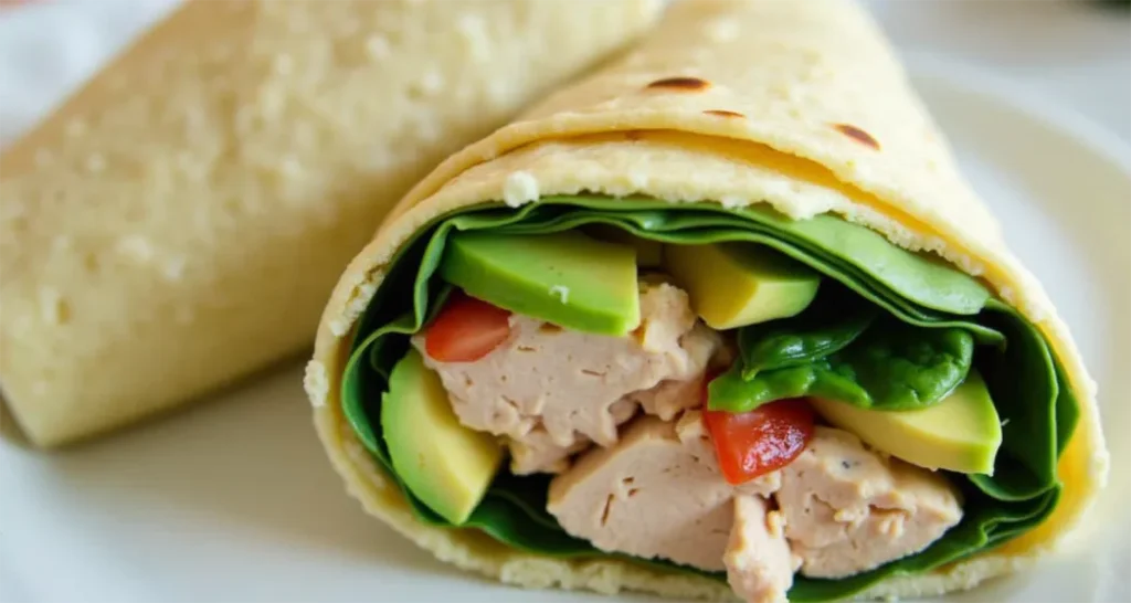 Turkey and avocado roll-up sliced and displayed on a wooden board with spinach and avocado