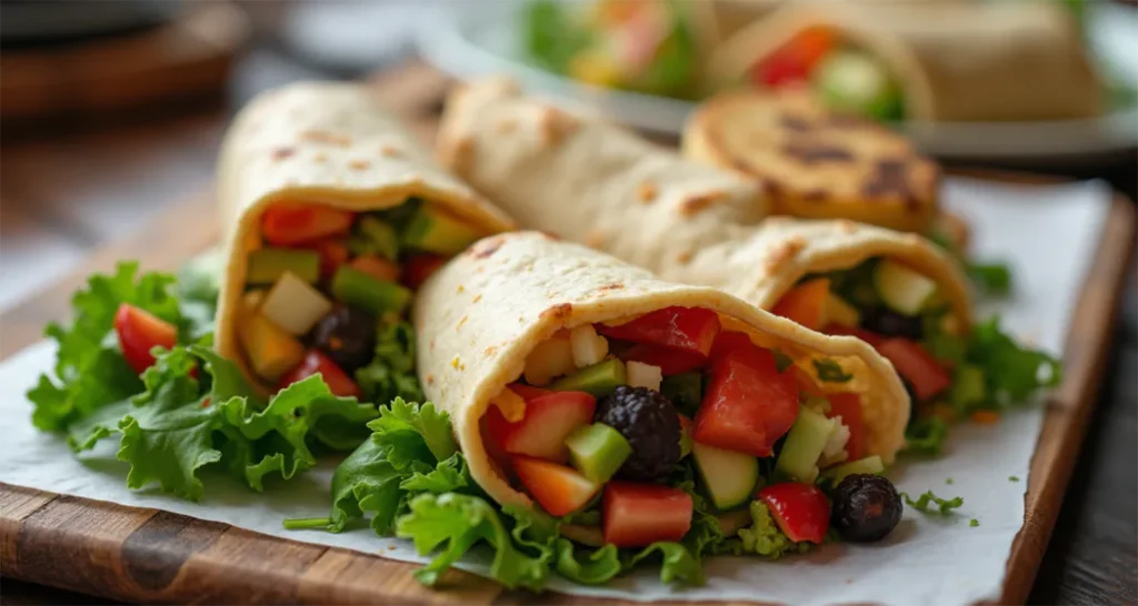 A variety of camping wraps and roll-ups, including savory, sweet, and vegetarian options, displayed on a platter