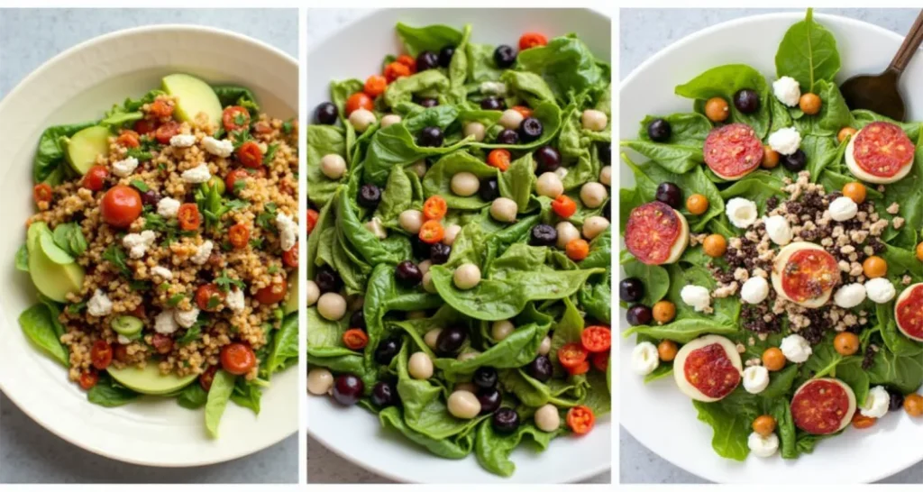 Collage of layered salad variations: vegan with chickpeas, gluten-free with quinoa, and seasonal with berries