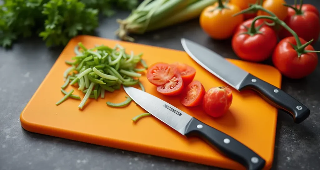 Feature a compact board and a camping knife with vegetables being chopped.