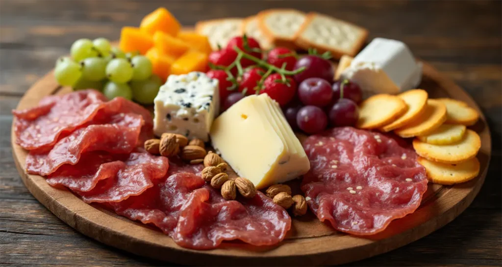 Charcuterie board with sliced meats, cheeses, fresh fruits, and crackers, perfect for a no-cook camping meal