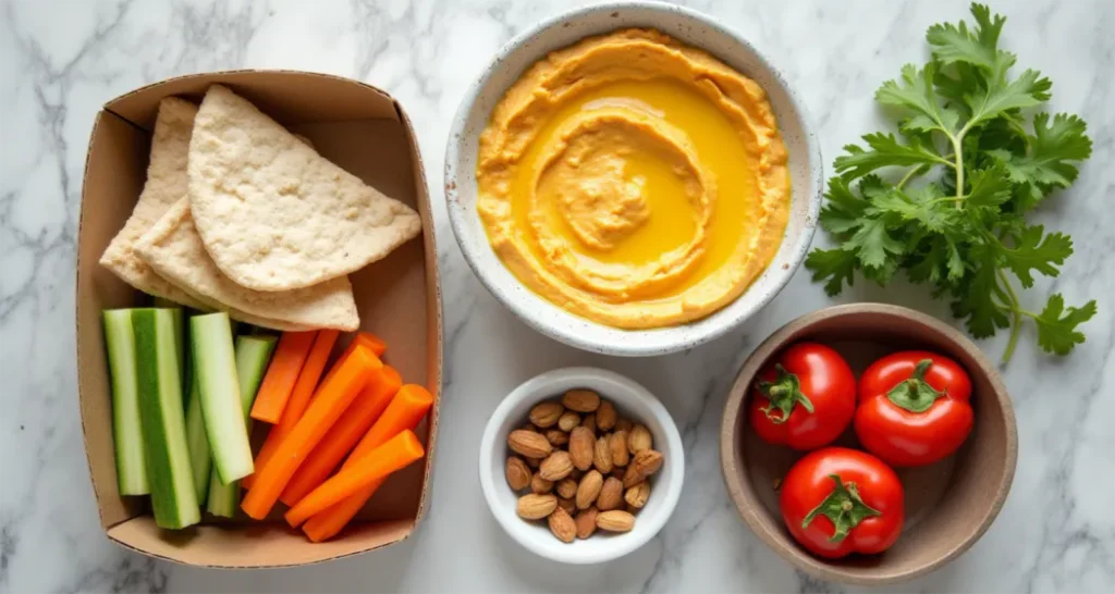 Flat lay of Mediterranean snack box ingredients, including hummus, pita, olives, and cherry tomatoes