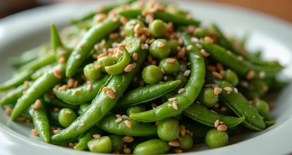 Edamame and shredded carrot salad in a lightweight camping bowl, topped with sesame seeds