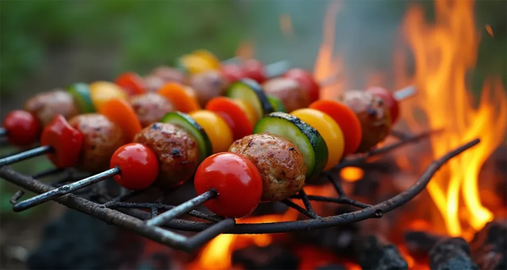 Campfire kabobs with sausage, bell peppers, and pineapple grilling over a fire