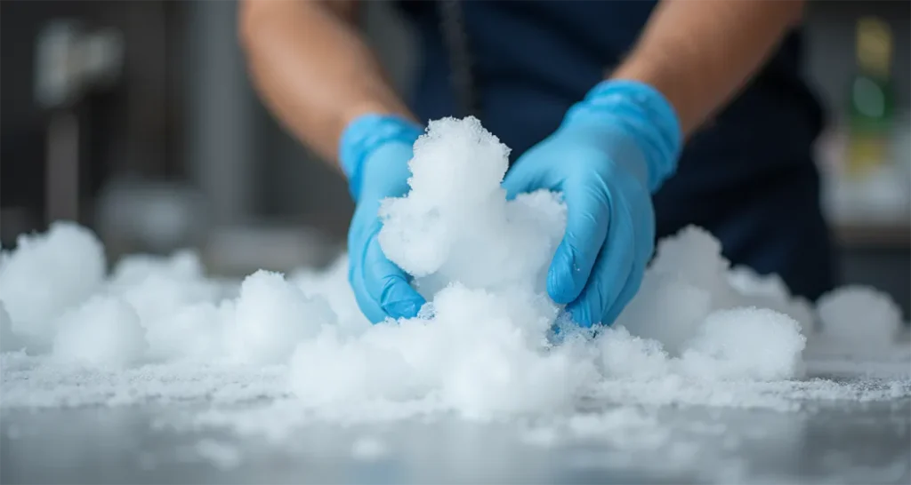 Dry ice being handled with gloves