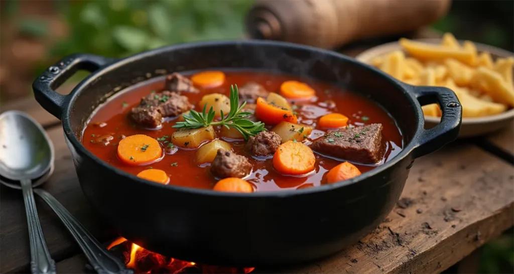 Dutch oven beef stew simmering with vegetables and tender beef