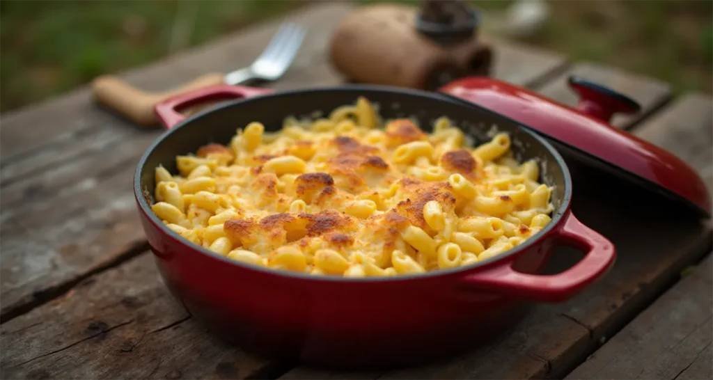 Dutch oven mac and cheese with bubbling melted cheese and crispy topping