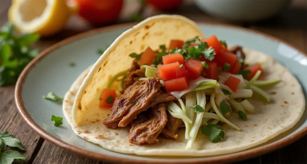 Easy Camping Meals :Dutch oven pulled pork taco topped with cabbage, salsa, and queso fresco