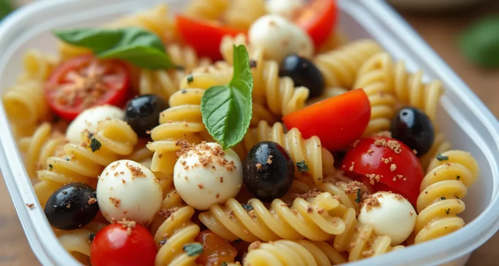 A cold pasta salad in a container, showing vibrant ingredients like cherry tomatoes, olives, and mozzarella