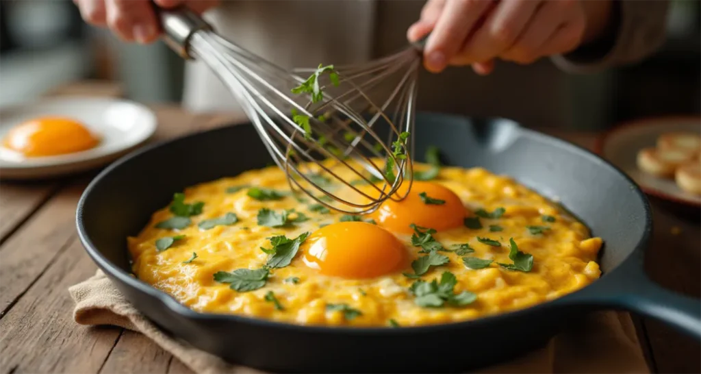 Eggs being whisked and scrambled