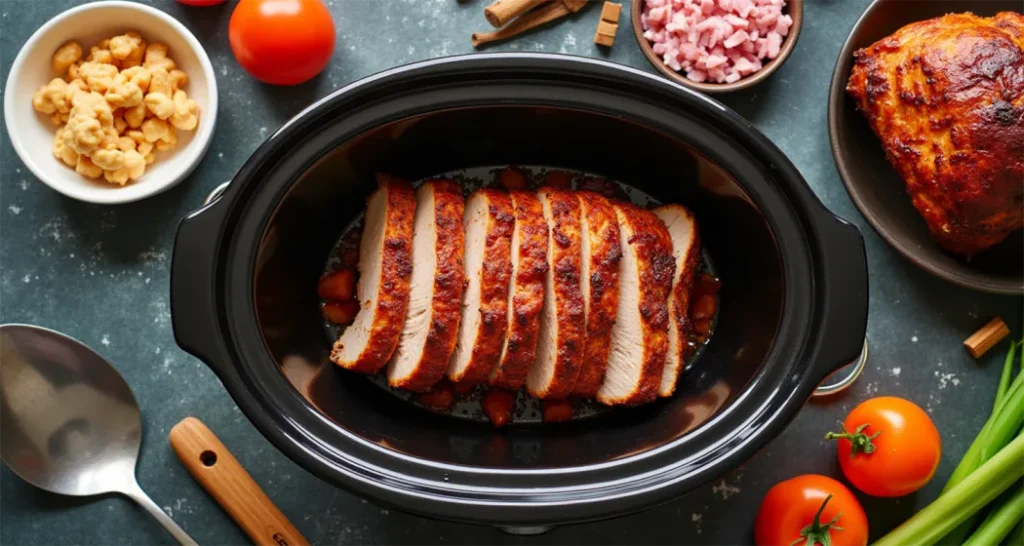 Flat lay of equipment needed to prepare BBQ Pulled Pork, including a slow cooker and utensils