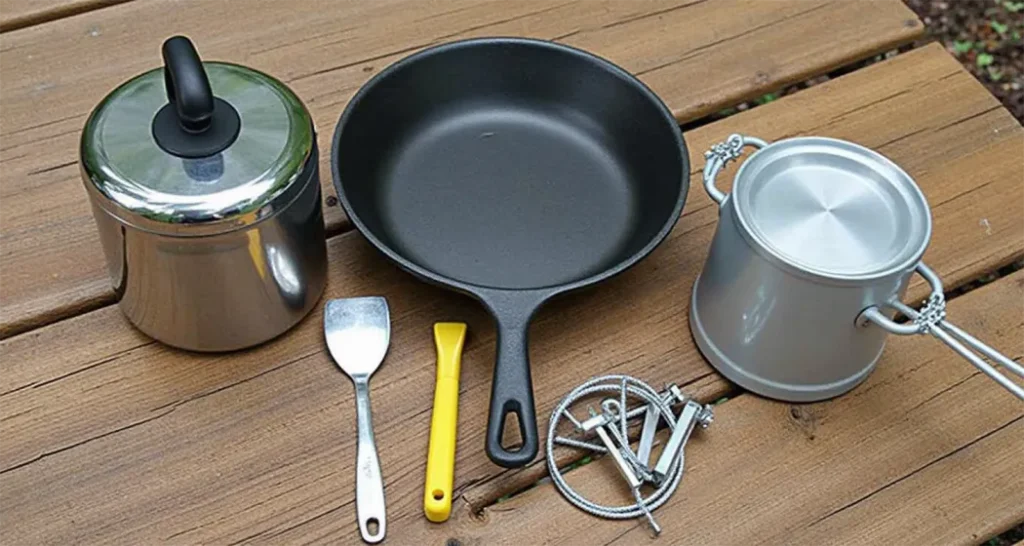 Essential camping tools: cast-iron skillet, portable stove, spatula, and medium pot