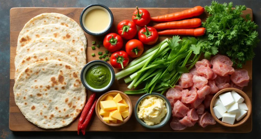 Essential ingredients for camping wraps and sandwiches: tortillas, fresh vegetables, proteins, and spreads