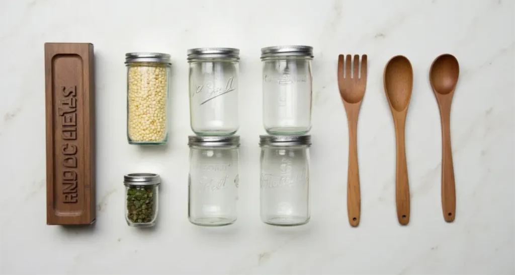 all recommended tools (Mason jars, airtight lids, portable utensils) arranged neatly on a surface