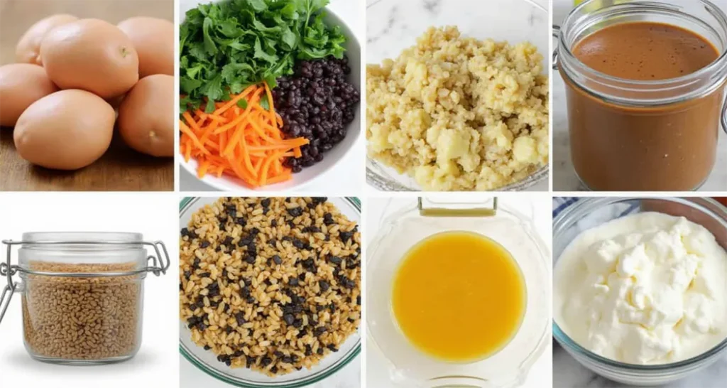 Grid of ingredients for jar salads: quinoa, cucumbers, cherry tomatoes, grilled chicken, and vinaigrette