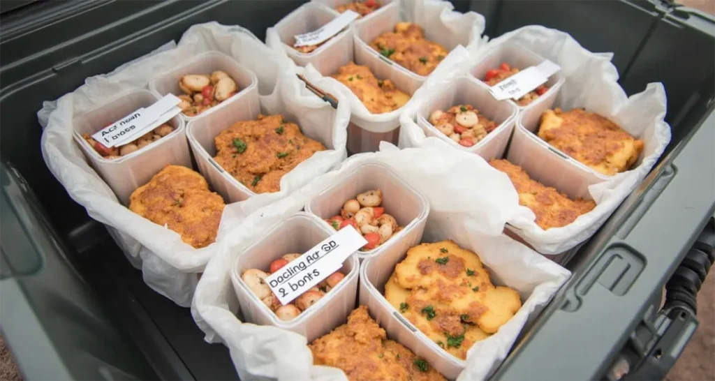 Vacuum-sealed frozen meals labeled with dates, packed in a cooler for extended camping trips