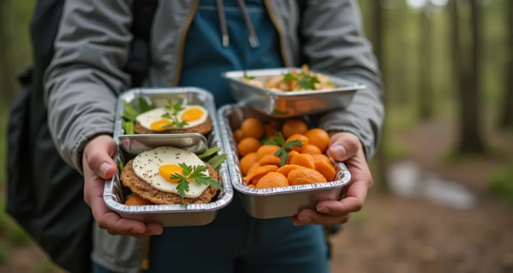 Person holding containers of make-ahead camping meals