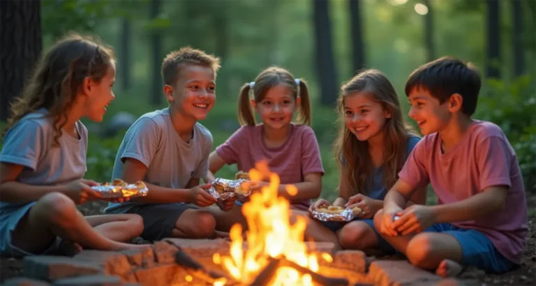 Family camping with kids enjoying kid-friendly camping meals around a campfire