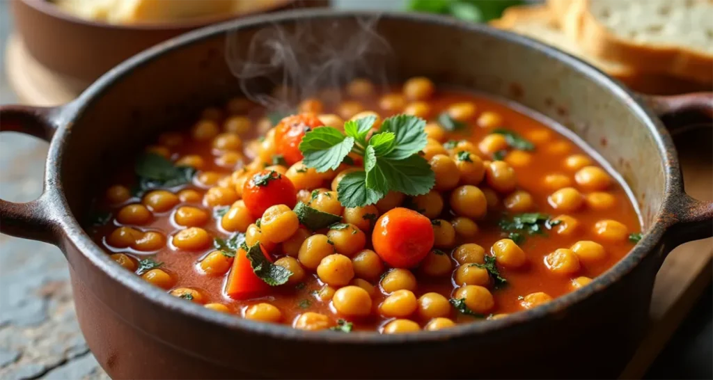 Fire-roasted vegetable and chickpea stew simmering in a pot over a camping fire